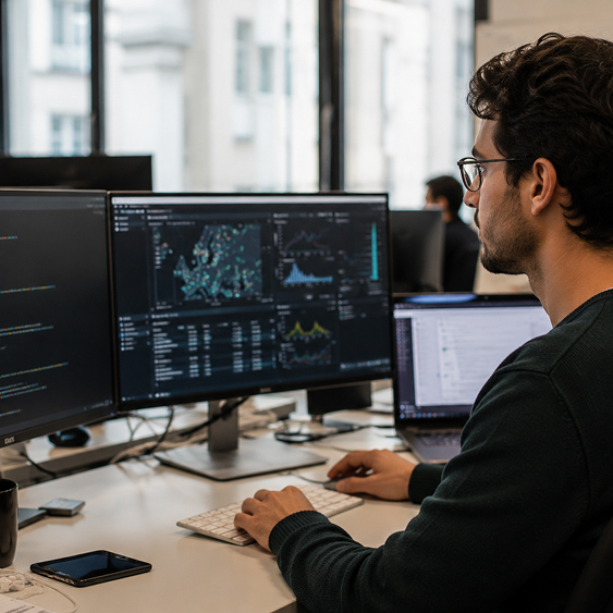 A data professional working at a multi-monitor workstation.